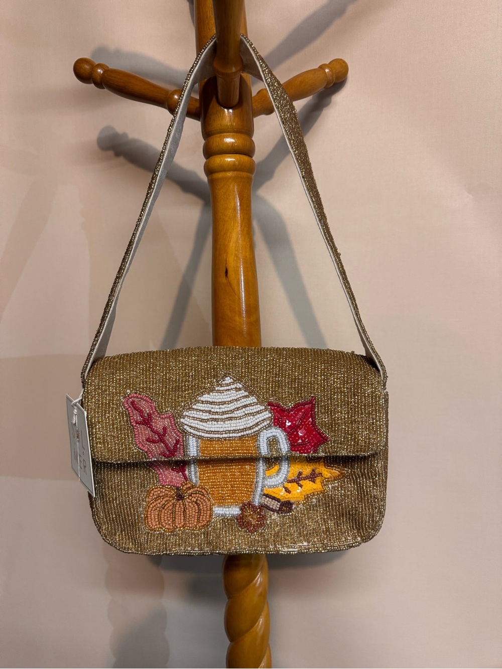 Sol & Mer Beaded Autumn Pumpkin Latte Fall Shoulder Bag